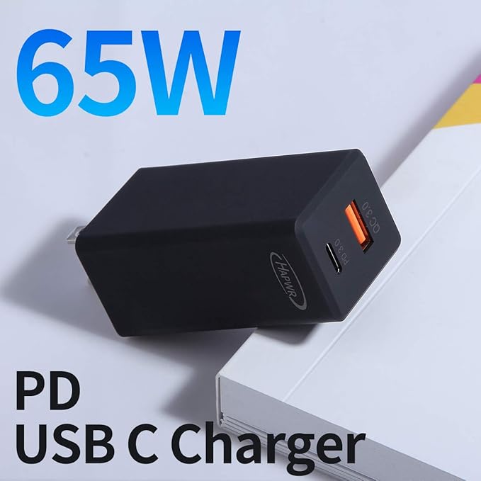 GaN Tech 65W Dual Port PD Wall Charger with 5ft USB C Cable for MacBook, Laptops, iPad Pro, iPhone12, Galaxy, Pixel and More (Black)