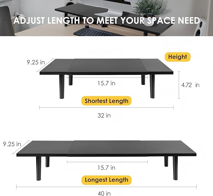 Across-Star Dual-Monitor-Stand-Riser-For-Desk Adjustable Length 32-40 Inch，Large Desktop Computer Monitor Riser For 2 Screens，Desk Shelf Organizer Riser Stand For Computer/Laptop/PC/Printer/TV Black