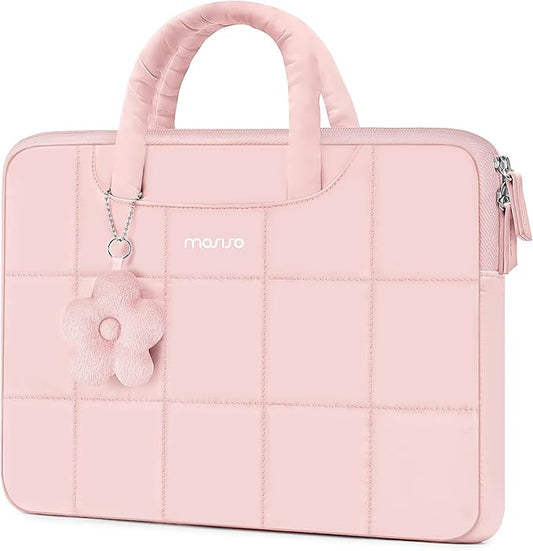 MOSISO Laptop Case 16 inch, 15-15.6 inch Puffy Laptop Sleeve Compatible with MacBook Pro 16 M5 M4 M3 M2 M1,HP Acer Dell Lenovo Notebook,Rectangle Quilted Bag with Handle&Flower Pendant, Pink