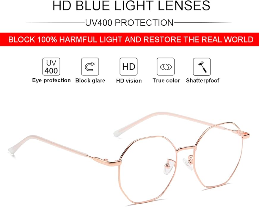 JOVAKIT Polygon Blue Light Blocking Glasses for Women Men Vintage Octagon Square Non-prescription Metal Eyeglasses
