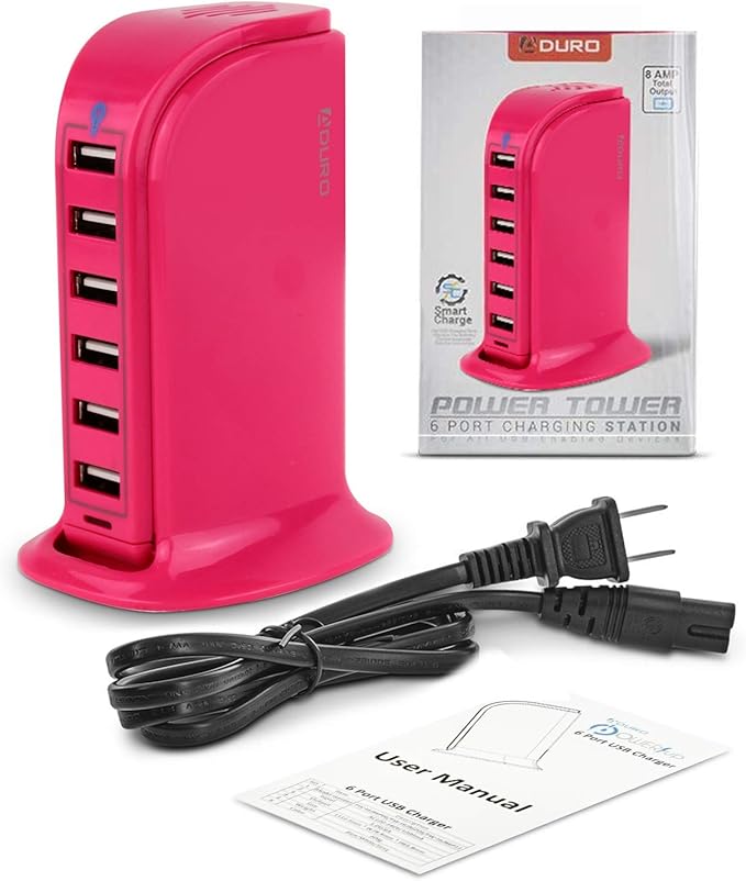 Aduro 40W 6-Port USB Desktop Charging Station HubWall Charger for iPhone iPad Tablets Smartphones with Smart Flow (Pink)