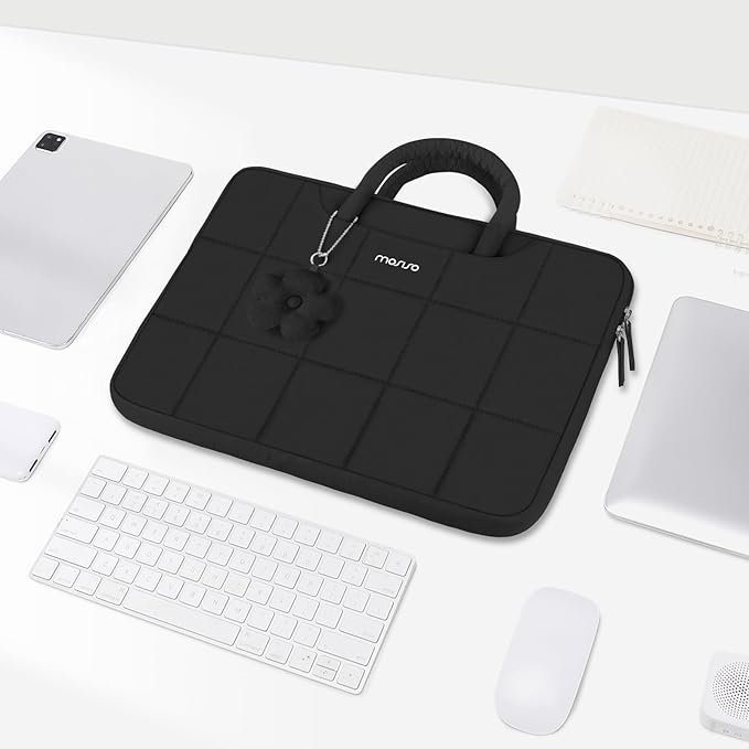 MOSISO Laptop Case 13.3 inch,13-13.3 inch Puffy Laptop Sleeve Compatible with MacBook Air 13 13.6/Pro/Neo 13/Pro 14,HP Dell ASUS Lenovo,Rectangle Quilted Bag with Handle&Flower Pendant, Black