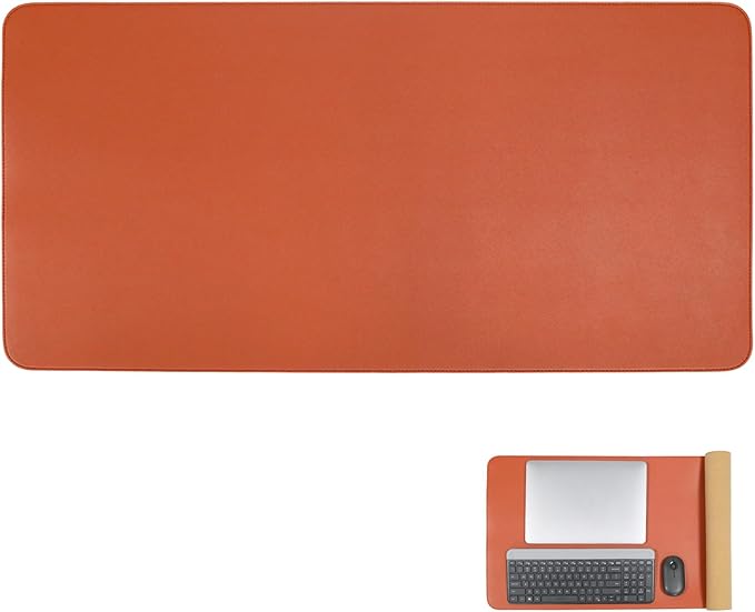 Double-Sided Keyboard Mouse Pad, 31.5"x15.7" PU Leather and Cork Desk Mat Large Overlocked-Edge Desk Pad with Matching Thread, Orange