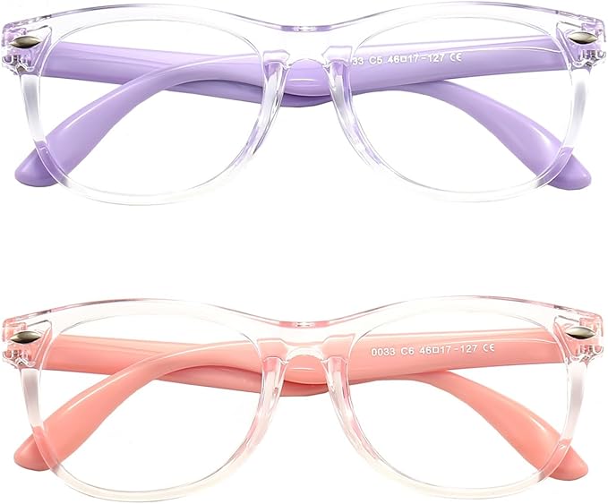 FANNYGO 2 Pack kids Blue Light Blocking Glasses For Girls And Boys Computer Blue Light Blocking Glasses For Age 3-11 (Light purple + Light pink)