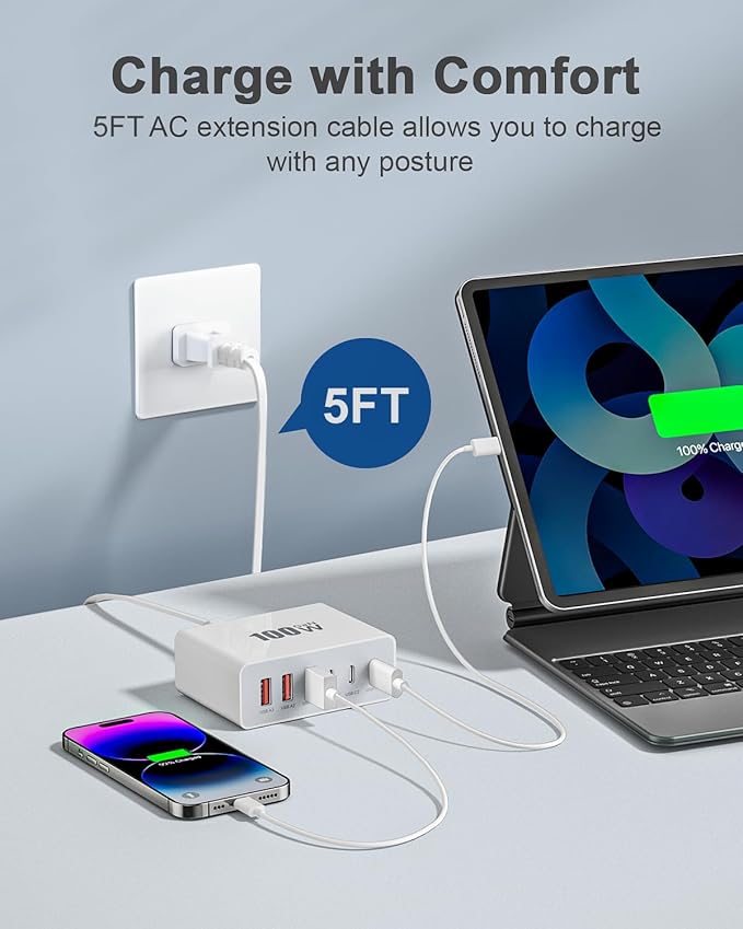 USB C Charger Block, 100W GaN Fast Charging Blocks USBC Charger 6 Port Charging Station Hub Brick Cube, USB-C Wall Charger Type C Adapter Plug for iPhone 16 15 14 13 12 11 Pro Max, Samsung, 5FT Cord