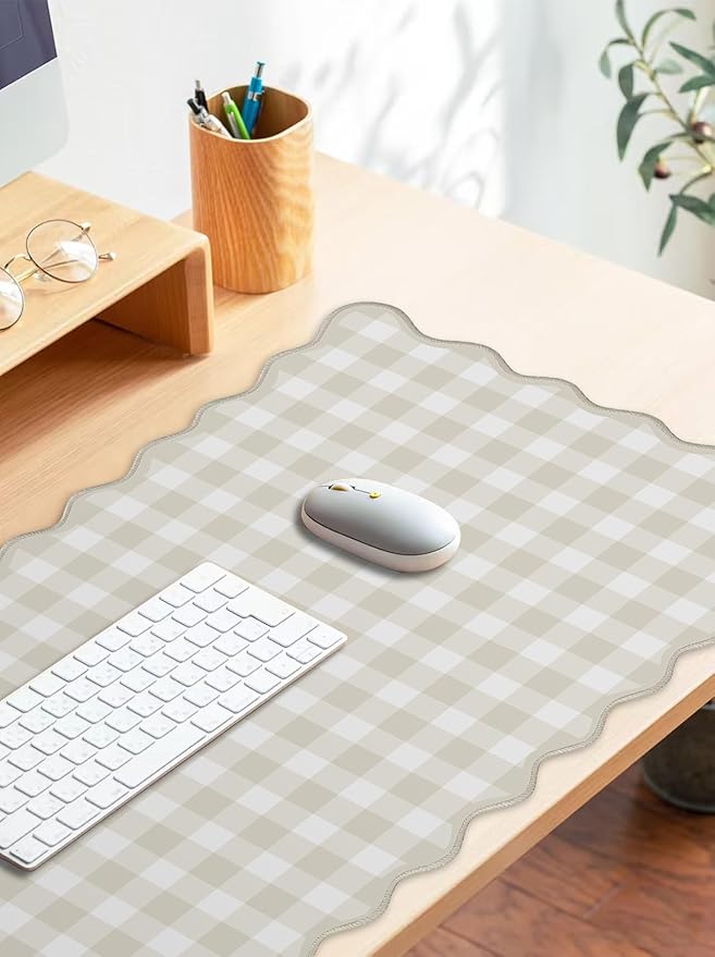Scalloped‌ Beige Checkered Gingham Desk Mat Cute Pastel Large Mouse Pad Kawaii Cottagecore ‌Vintage‌ Rustic Keyboard Pad Computer Mat for Desktop Aesthetic Cozy Office Desk Decor
