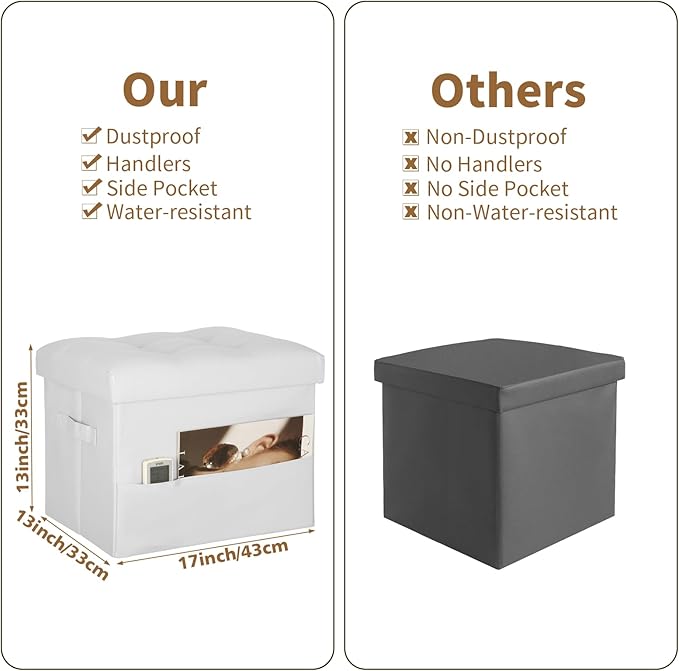 BelugaHelper Ottoman with Storage. Leather Foldable Ottomans with Thick Foam Padded Seat. Foot Rest Stool Storage for Living Room and Bedroom. Side Pockets and Handles Designed. 17x13x13in, White