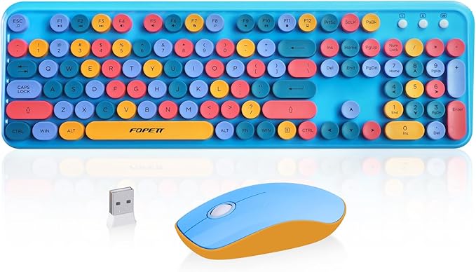 Wireless Keyboard and Mouse Combo, 2.4 GHz Wireless Full-Sized Typewriter Gaming Keyboard with Round Keycaps for Windows, Computer, Desktop, PC, Laptop (Blue)