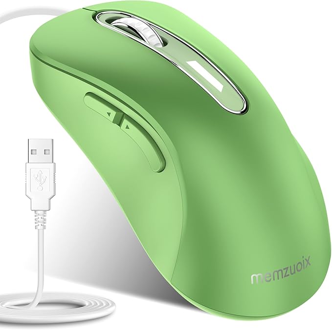 memzuoix Wired Mouse, USB Computer Mouse 1400 DPI Mobile Optical Mouse Ergonomic Design Computer Mice with 5FT Cord for Laptop, PC, Desktop, MacBook, 5 Buttons (Green)