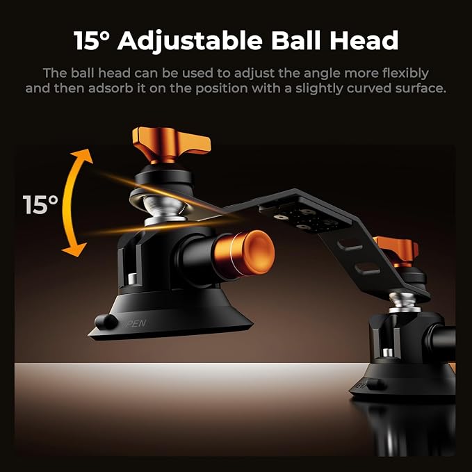 K&F CONCEPT Triple Suction Cup Car Mount for Camera, Heavy Duty 3-in-1 Kit with 15° Curved Surface Adjustment, Extension Pole & Phone Holder, Compatible with Insta360 X5/X4 GoPro DJI Action 5/4/3/2 - Image 3