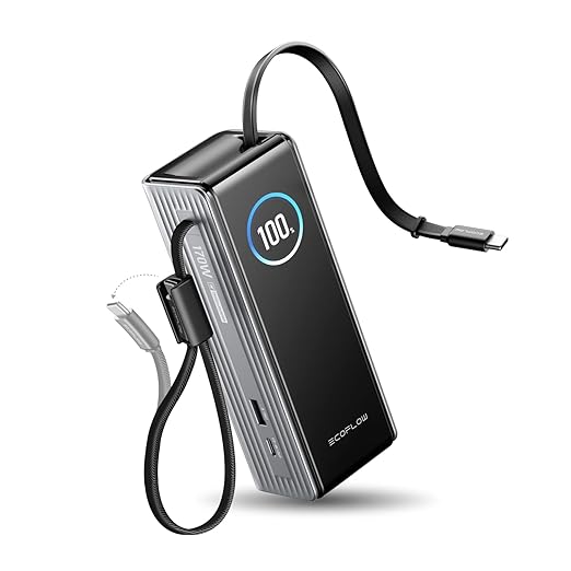 EF ECOFLOW Laptop Power Bank, 25000mAh Rapid Portable Charger, Triple 100W USB-C Ports, Built-in Retractable Cables, Fast Charging for iPhone 17/16 Series, MacBook, Samsung and More