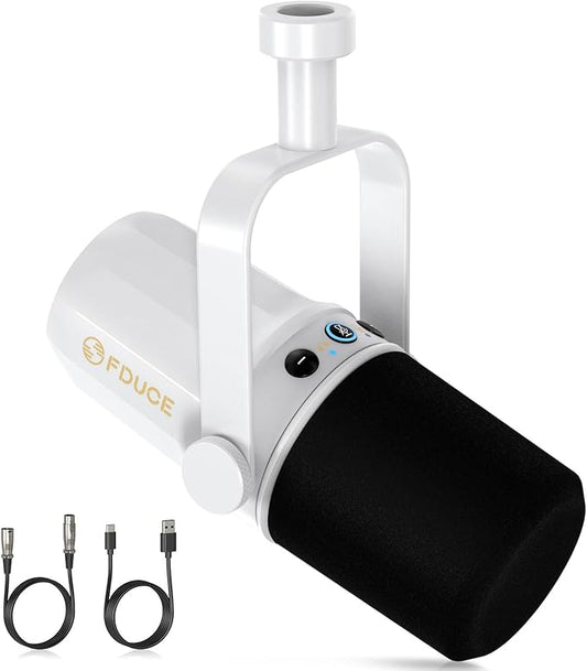 FDUCE SL40 Dynamic Microphone for Podcasting, Gaming, Live Streaming and Recording, Built-in Headphone Output, LED Mute Button, All-Metal USB/XLR, Voice Isolation Technology (White)