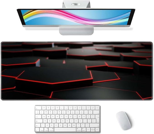 Gaming Mouse Pad Large, Keyboard Mouse Mat Desk Pad, Non-Slip Rubber Base with Stitched Edges Mousepad, 31.5X11.8 inch Abstract Black Hexagon Background with Red Line