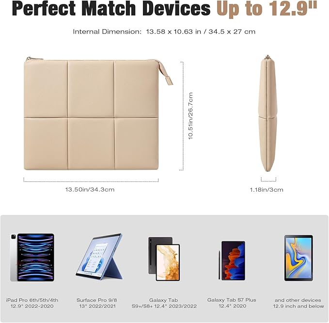 Moko 12.9 Inch Tablet Sleeve Case, Puffy Tablet Bag Fit with iPad Pro 6th/5th/4th 12.9 inch, Surface Pro 9/8 13", New Galaxy Tab S9+/S8+ 12.4, Built-in Elastic Band, PU Leather Carrying Case, Sand