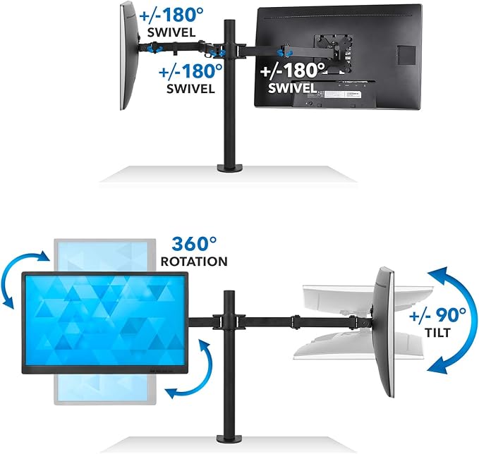 Mount-It! Dual Monitor Mount | Double Monitor Desk Stand | Two Heavy Duty Full Motion Adjustable Arms Fit 2 Computer Screens 17 19 20 21 22 24 27 Inch | VESA 75 100 | C-Clamp and Grommet Base