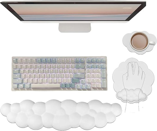 Cloud Wrist Rest Keyboard Cute Cloud Mouse Pad with Wrist Rest for Keyboard and Mouse Leather Cloud Wrist Pad Non-Slip Wrist Support for Computer Gaming Home Office Desk Decor Relief Pain White