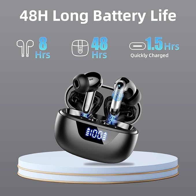 Wireless Earbuds Bluetooth 5.3, 48H Playtime LED Power Display, IPX7 Waterproof Stereo Earphones, Deep Bass Touch Control, Noise Cancelling Mic for Sports, Running, Phone, Tablet, Laptop