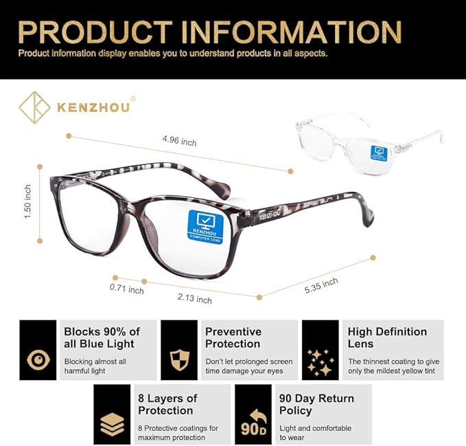 K KENZHOU Blue Light Glasses for Woman Men Bluelight Blocking Glasses for Computer Gaming Phones,Anti Eye Strain & UV Glare
