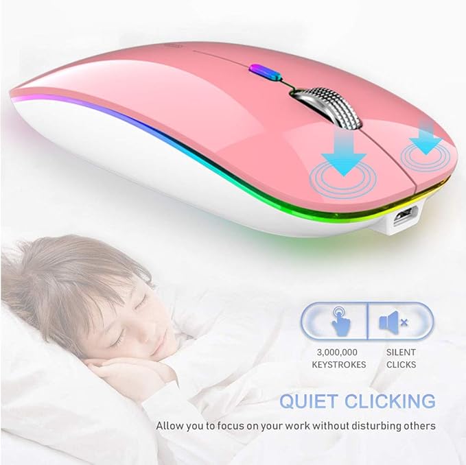 TENMOS Wireless Bluetooth Mouse, LED Slim (Bluetooth 5.1 + USB) 2.4GHz Rechargeable Silent Bluetooth Wireless Mouse with Type C Adapter for Laptop/MacBook/iPad OS 13 and Above (Pink)