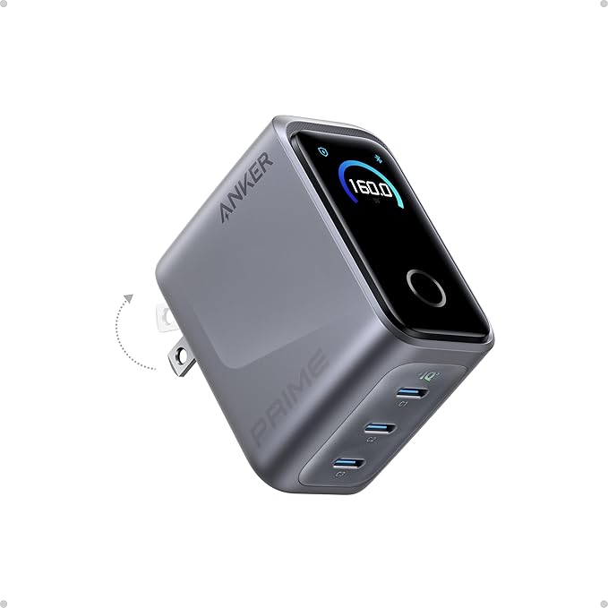 Anker Prime Charger,160W 3-Port Compact GaN USB C Charger Block,Smart Display and Touch Control,Up to 140W Single‑Port Charging,for MacBook Pro,Laptop,iPhone 17 Series(Cable Not Included,Non-Battery)