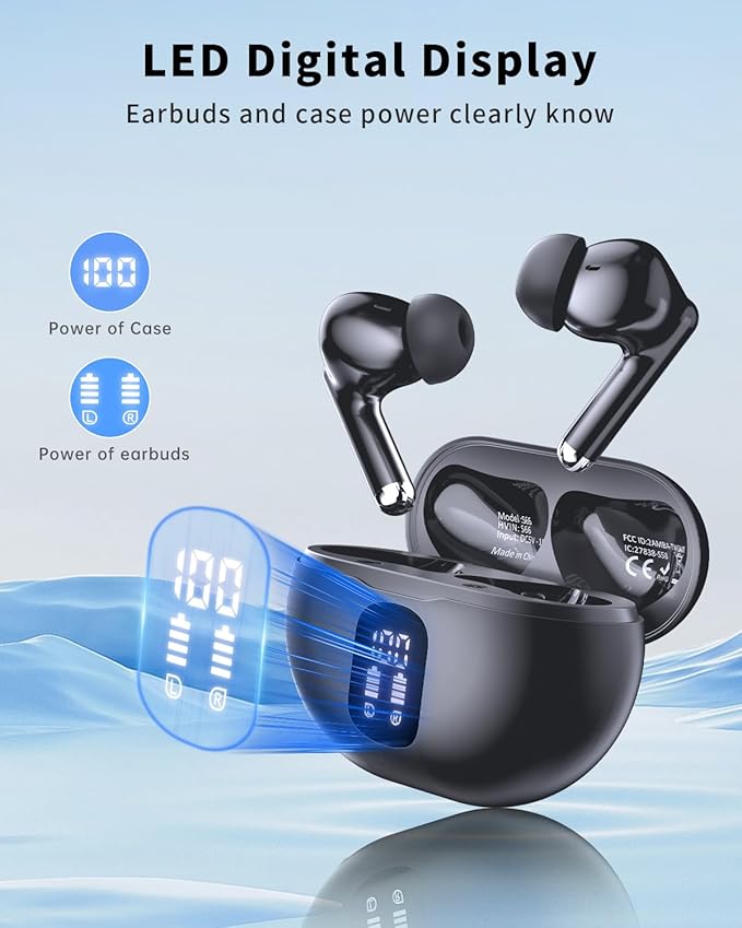 Wireless Earbuds, Bluetooth 5.4 Headphones with 50H Playback, Deep Bass Stereo Ear Buds Clear Calls with LED Power Display, IPX7 Waterproof, in-Ear Earphones with Mic for Phone/Android/iPad