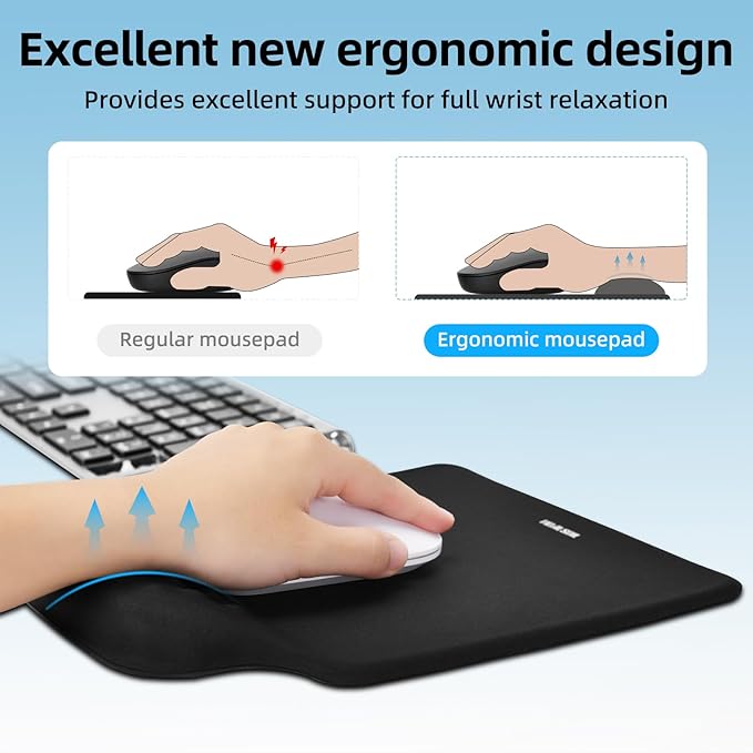 TIDALSOIL Ergonomic Mousepad with Slow-Rebound Memory Foam Wrist Rest - Ultra Smooth Surface, Non-Slip Base, Desk Essential for Office, Design, Gaming, 9.4"x8.1"