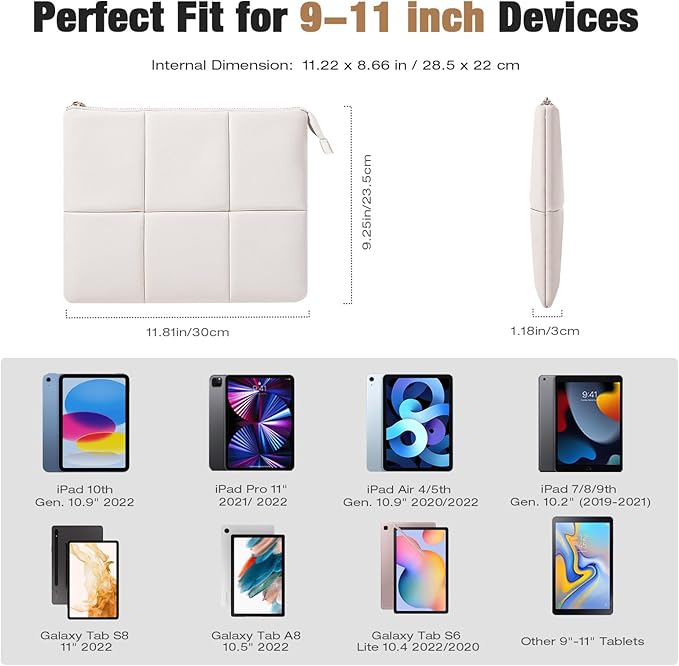 MoKo 9-11 Inch Puffy Tablet Sleeve Bag Fit with New 11-inch iPad Pro M4/iPad Air M2, iPad 10th Gen 10.9, iPad Pro 11, iPad Air 4/5th Gen 10.9, Built-in Elastic Band, PU Leather Carrying Case, White