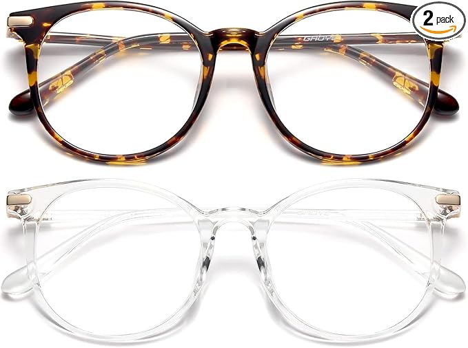 Gaoye 2 Pack Blue Light Blocking Glasses, Retro Round Eyewear Frame Anti Eyestrain Computer Glasses for Women Men - GY1688 (Tea Leopard+Transparent)