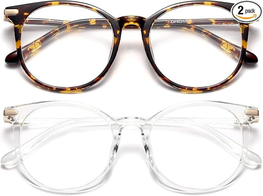 Gaoye 2 Pack Blue Light Blocking Glasses, Retro Round Eyewear Frame Anti Eyestrain Computer Glasses for Women Men - GY1688 (Tea Leopard+Transparent)