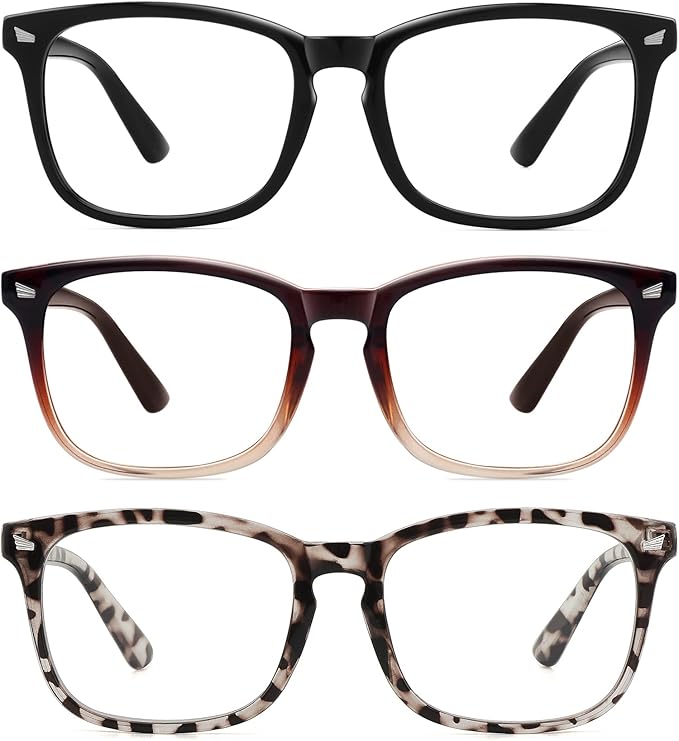 MEETSUN 3-Pack Blue Light Blocking Glasses, Anti Eye Strain Headache (Sleep Better), Computer Glasses UV400 Lens (Black + Brown Gradient + Leopard)