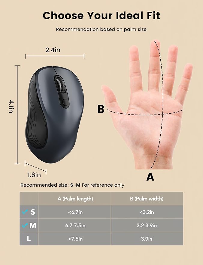 WisFox 2.4G Wireless Mouse for Laptop, Ergonomic Computer Mouse with USB Receiver and Type-C Adapter, 3 Adjustable Levels, 6 Button Cordless Mice for Windows Mac PC Notebook (Grey and Black)