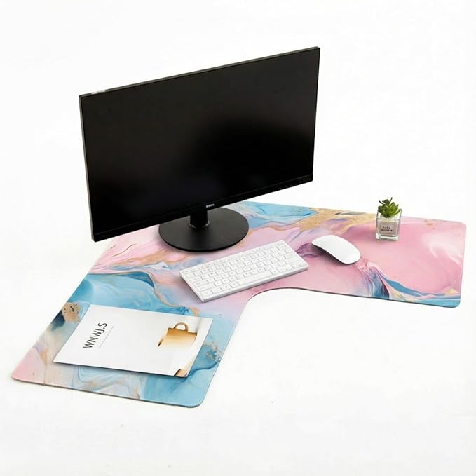 L Shaped Desk Mat for Corner, Large Extended Mouse Pad with Non-Slip Rubber Base, Blue&Pink Waterproof Desk Protector for Office & Gaming Setup