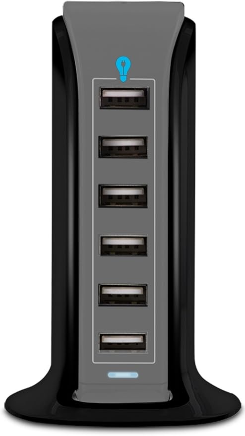 Aduro 40W 6-Port USB Desktop Charging Station Hub Wall Charger for iPhone iPad Tablets Smartphones with Smart Flow (Black/Grey)