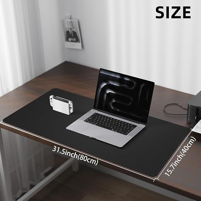 Desk Pad PU Leather Large Mouse Pad Laptop Computer Desk Mat Table Blotter Waterproof Non-Slip Desktop Protector Write Pad for Office and Home (Black, 80x40cm)