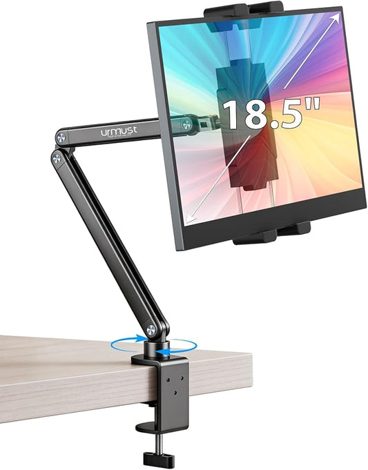 Urmust Portable Monitor Stand 15.6", iPad Stand for Desk, Portable Monitor Holder up to 18.5", Adjustable Desktop Tablet Arm Mount, Apple iPad Holder for Desk, for 4.7"-12.9" iPad Pro/Air/Mini