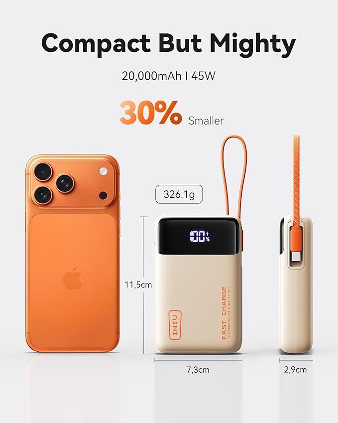 INIU 45W Portable Charger, Smallest 20000mAh Power Bank with Build in USB-C Cable, Fast Charging USB C in&Out Battery Pack, Travel Phone Charger for iPhone 17 16 15 Air Samsung S25 S24 Google, Beige