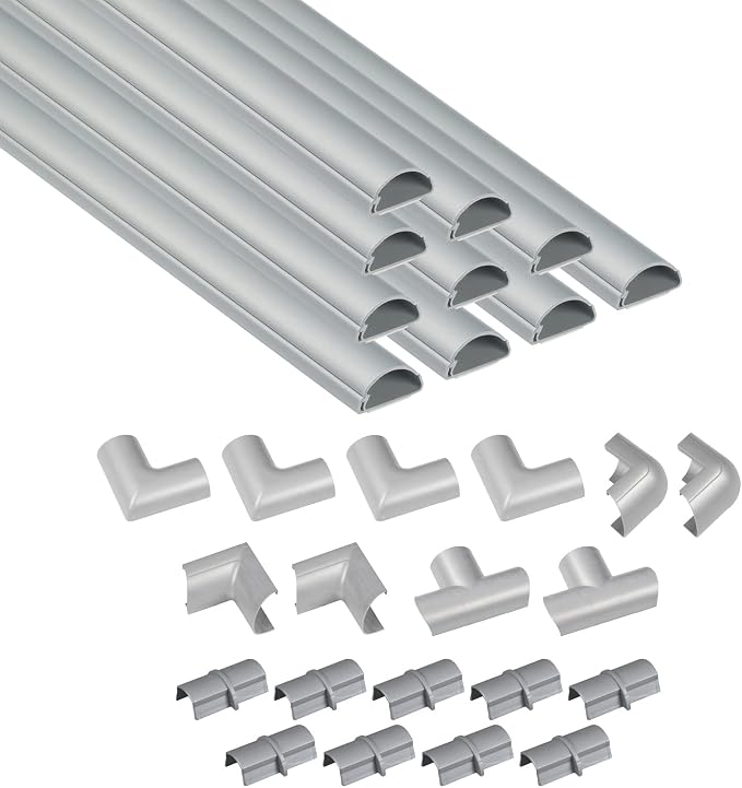 D-Line 157in Cord Cover Kit, Self-Adhesive Wire Hiders, Cable Raceway to Hide Wires on Wall, Electrical Cable Management - 10x 15.7 Lengths & 19 Accessories - 1.18" (W) x 0.59" (H) - Gray by D-LineUSAinc