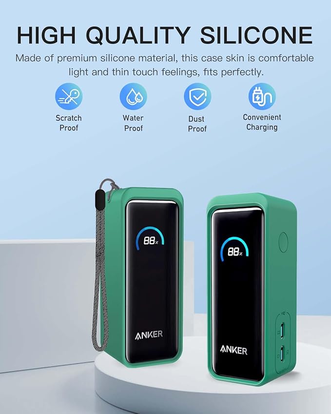 Silicone Case for Anker Prime Power Bank 9600mAh 65W, Full-Body Shockproof Cover with Scratch Protection, with Lanyard,Green