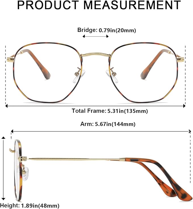 Hexagonal Metal Blue Light Blocking Glasses Anti Eye Strain for Digital Screens Lightweight Frame for Men Women