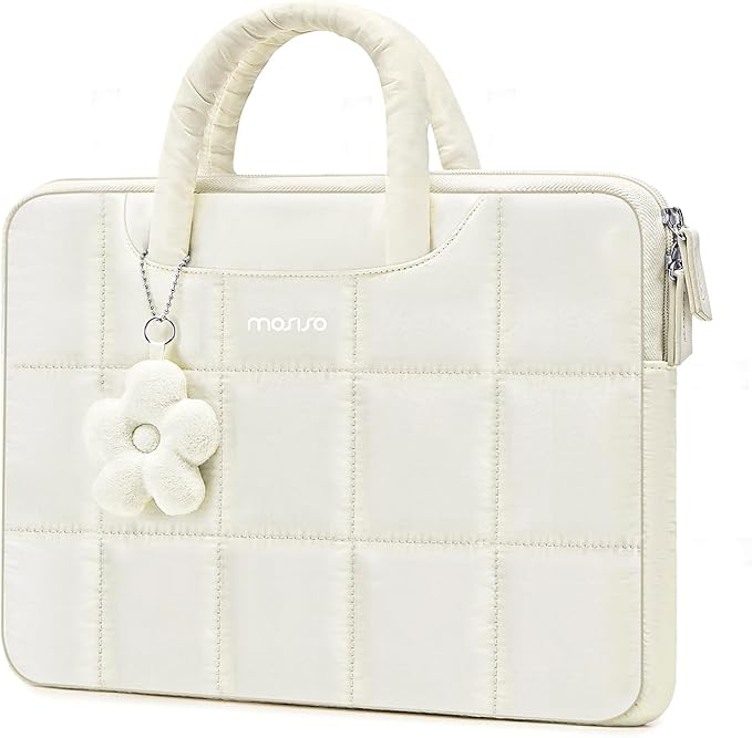 MOSISO Laptop Case 13.3 inch,13-13.3 inch Puffy Laptop Sleeve Compatible with MacBook Air 13 13.6/Pro/Neo 13/Pro 14,HP Dell ASUS Lenovo,Rectangle Quilted Bag with Handle&Flower Pendant, Sand
