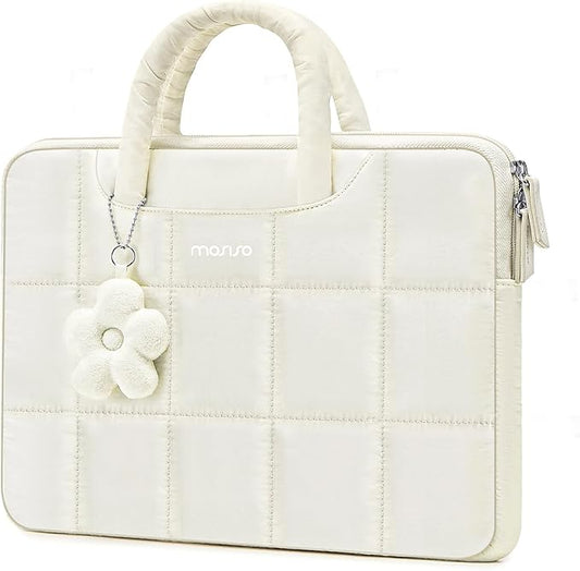MOSISO Laptop Case 13.3 inch,13-13.3 inch Puffy Laptop Sleeve Compatible with MacBook Air 13 13.6/Pro/Neo 13/Pro 14,HP Dell ASUS Lenovo,Rectangle Quilted Bag with Handle&Flower Pendant, Sand