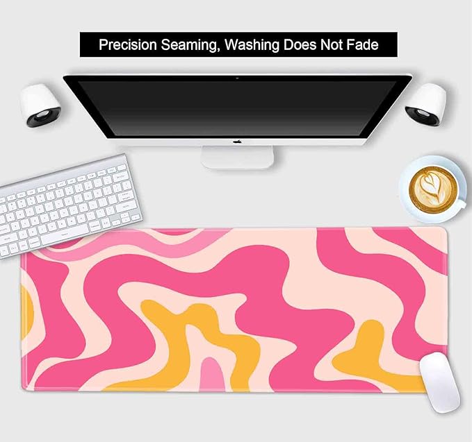 Pink Abstract Wave Desk Pads, Swirl Pattern Boho Large Gaming Mouse Pad, Extra Large Mousepad, Aesthetic Desktop Mat for Laptop Work Home Decor, Non-Slip Rubber Computer Pad, 31.5 X 11.8 in