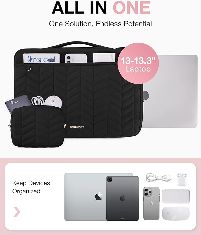 BAGSMART Laptop Case with Handle, Puffy Padded Laptop Bag Sleeve for Women, Portable MacBook Air/Pro Computer Case, 13-14 inch, Black