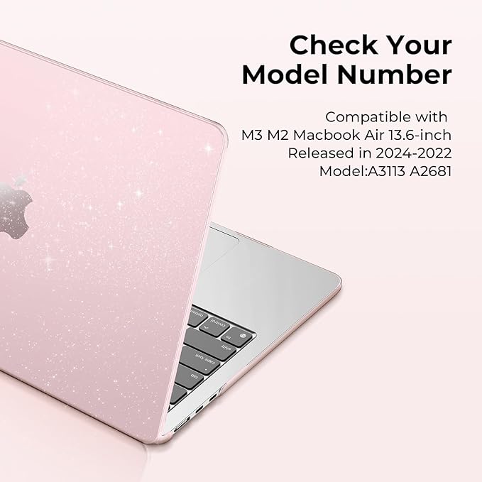 EooCoo Case Compatible with MacBook Air 13 inch M5 2026-2022 Release M4 M3 M2 A3449 A3240 A3113 A2681, Glitter Hard Shell&Keyboard Skin Cover&Screen Protector for Mac Air 13.6 inch, Sparkly Baby Pink