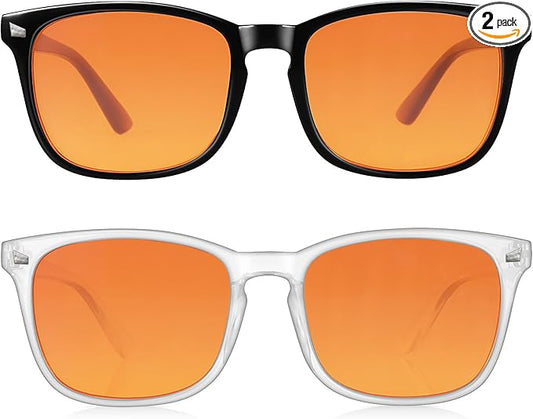 2 Packs Professional Sleep Glasses with 98.7% Blue Light Blocking Dual AR Coatings Amber Lens, Computer Gaming Glasses for Men Women, Anti Fatigue & Eye Strain