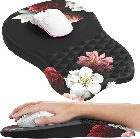 MROCO Ergonomic Mouse Pad with Wrist Support, Wrist Rest Mousepads for Carpal Tunnel Pain Relief, Memory Foam Pad with Massage Bulge and Non-Slip Base for Office, Home, Black Flower