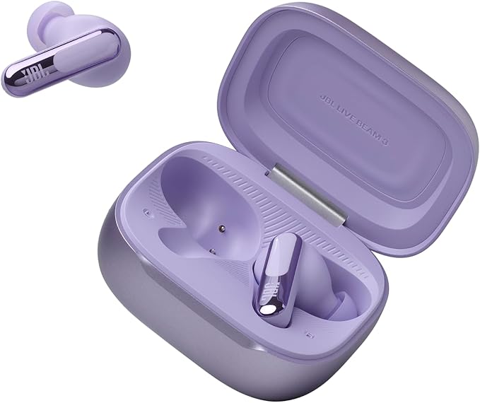 JBL Live Beam 3 - True wireless noise-cancelling stick-closed earbuds, 48Hrs total playback, Wireless Charging, 6 Mics for perfect calls, Multi-point connection, IP55 waterproof and dustproof (Purple)