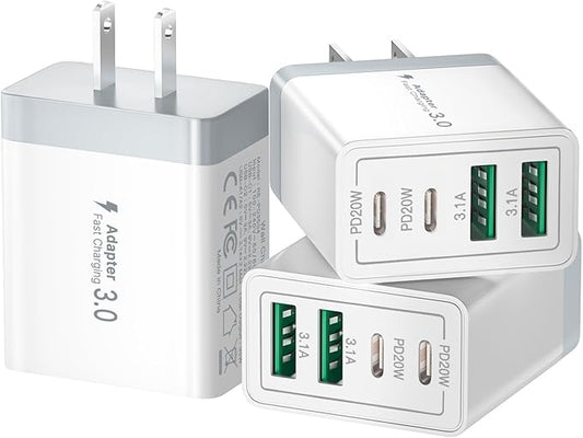 3 Pack USB C Charger Block, 40W 4-Port Fast Charger 20W Type C Charging Block 3.1A USB Wall Charger Dual Port PD+QC Charging Cube for iPhone 17 16 15 14 13 12 Pro Max XS, iPad, Samsung Phone, Tablet