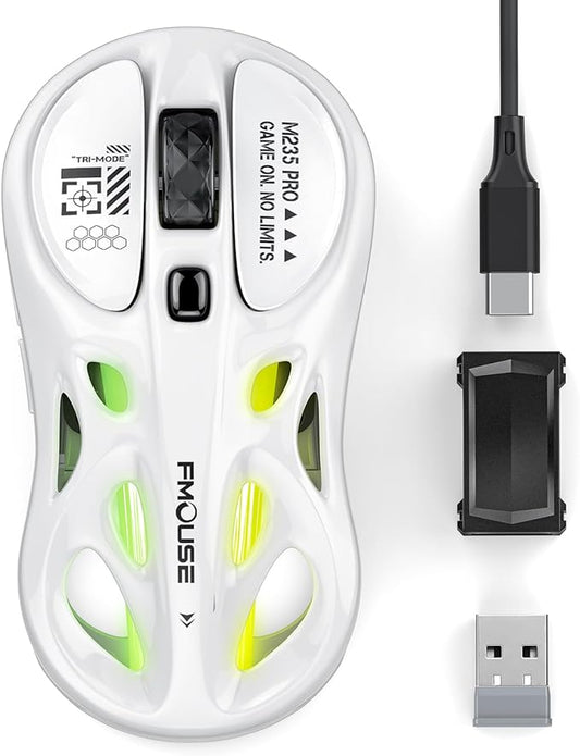 White Gaming Mouse - Tri-Mode Wireless (2.4G/Bluetooth/Wired), Ergonomic Hollow Design, RGB Backlight, Side Buttons, Rechargeable Type-C for Mac/Laptop/iPad (Gaming/Office)