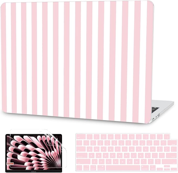 G JGOO Compatible with MacBook Air 13 inch Case 2026 2025-2022 M5 A3449 M4 A3240 M3 A3113 M2 A2681, Plastic Hard Shell for MacBook Air 13.6 inch Case+ Keyboard Cover+Screen Protector, Pink Stripe